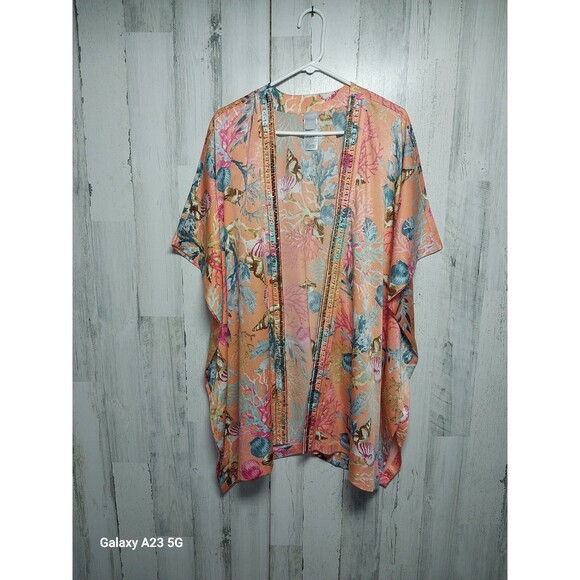 CHICO'S Orange Satin Coral Reef Seashell Print Kimono Top Beaded Trim Sz L/XL - Picture 1 of 6